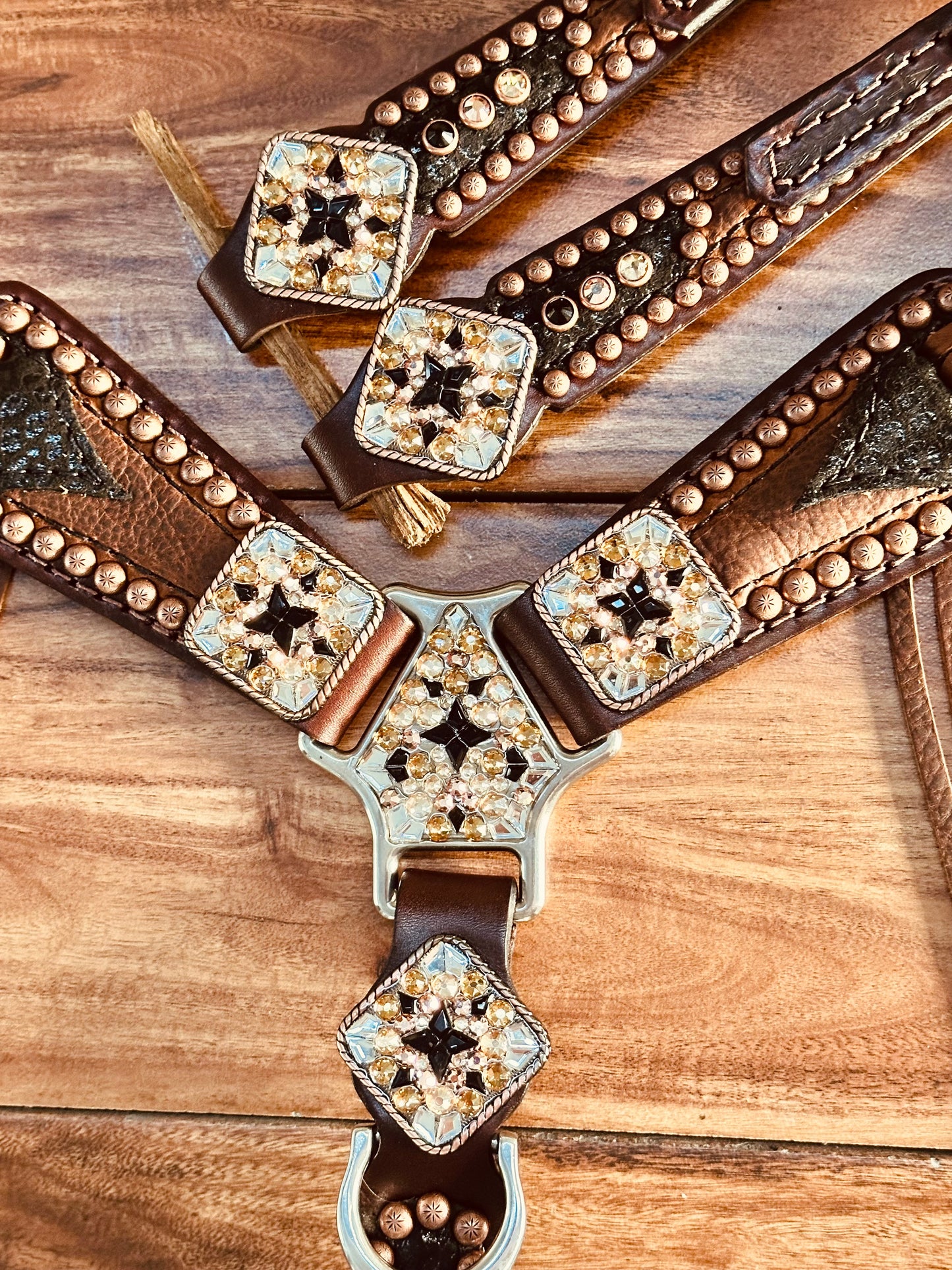 Black cheetah over brown with cross stitch fringe