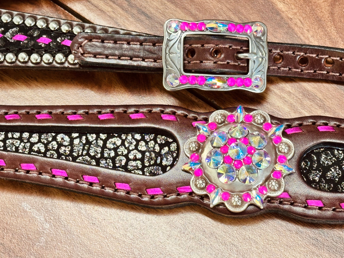 Black cheetah with bright pink buckstitch