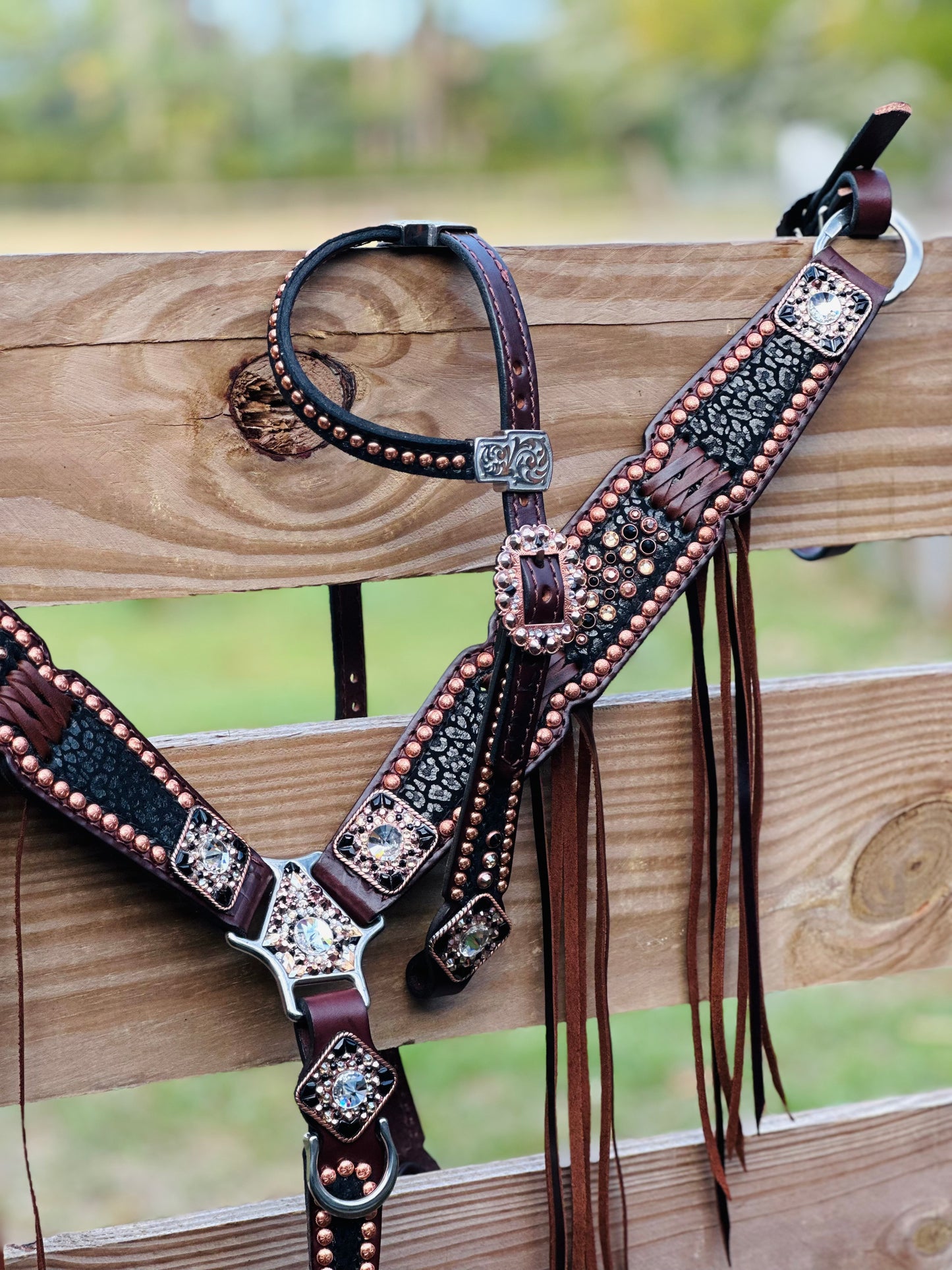 Black cheetah with bright copper and cross stitch