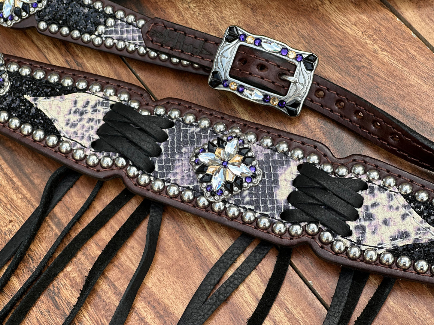Python with black chunky glitter. Cross stitch and fringe.