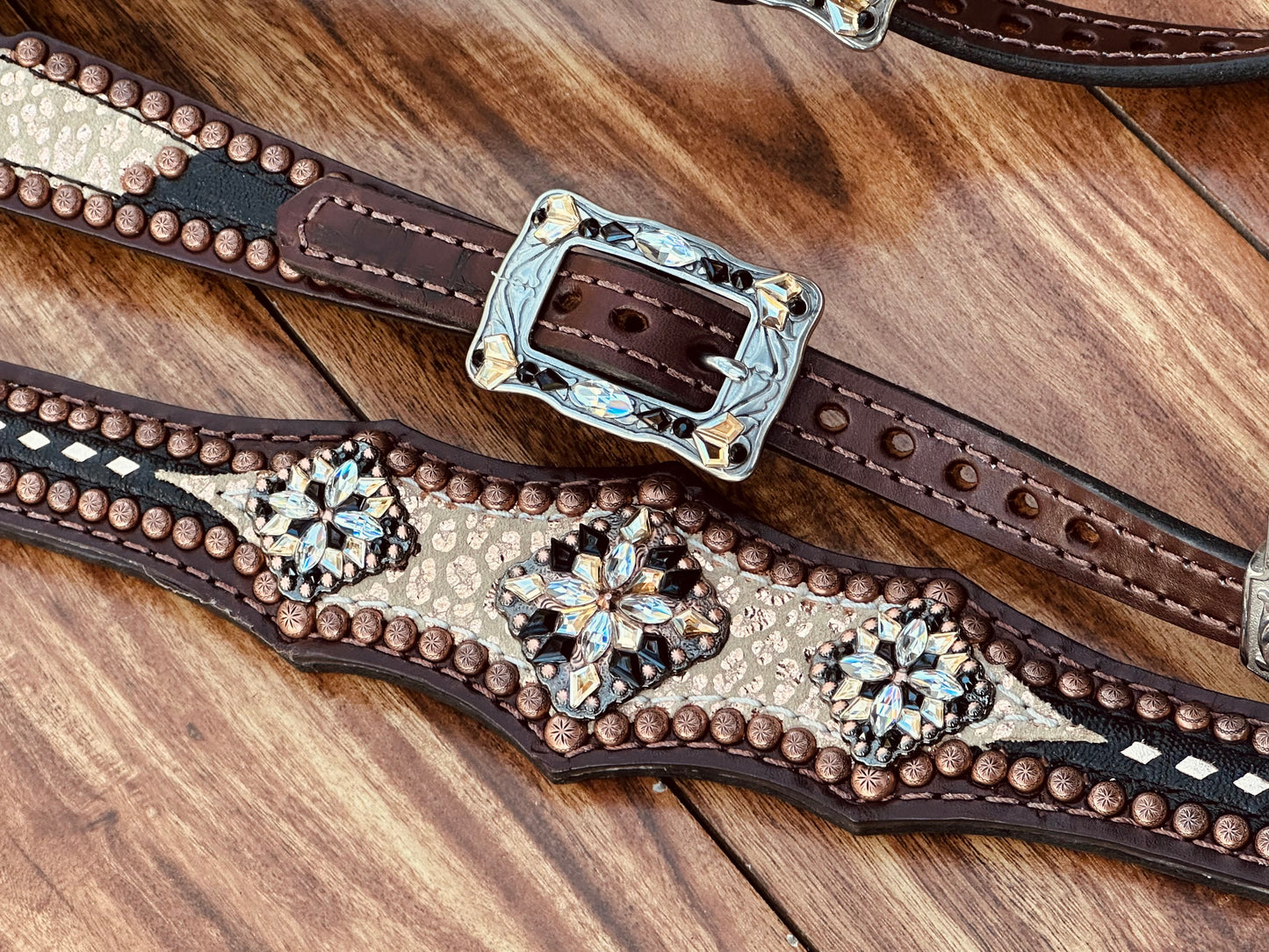 Rose gold cheetah with black elephant and buckstitch