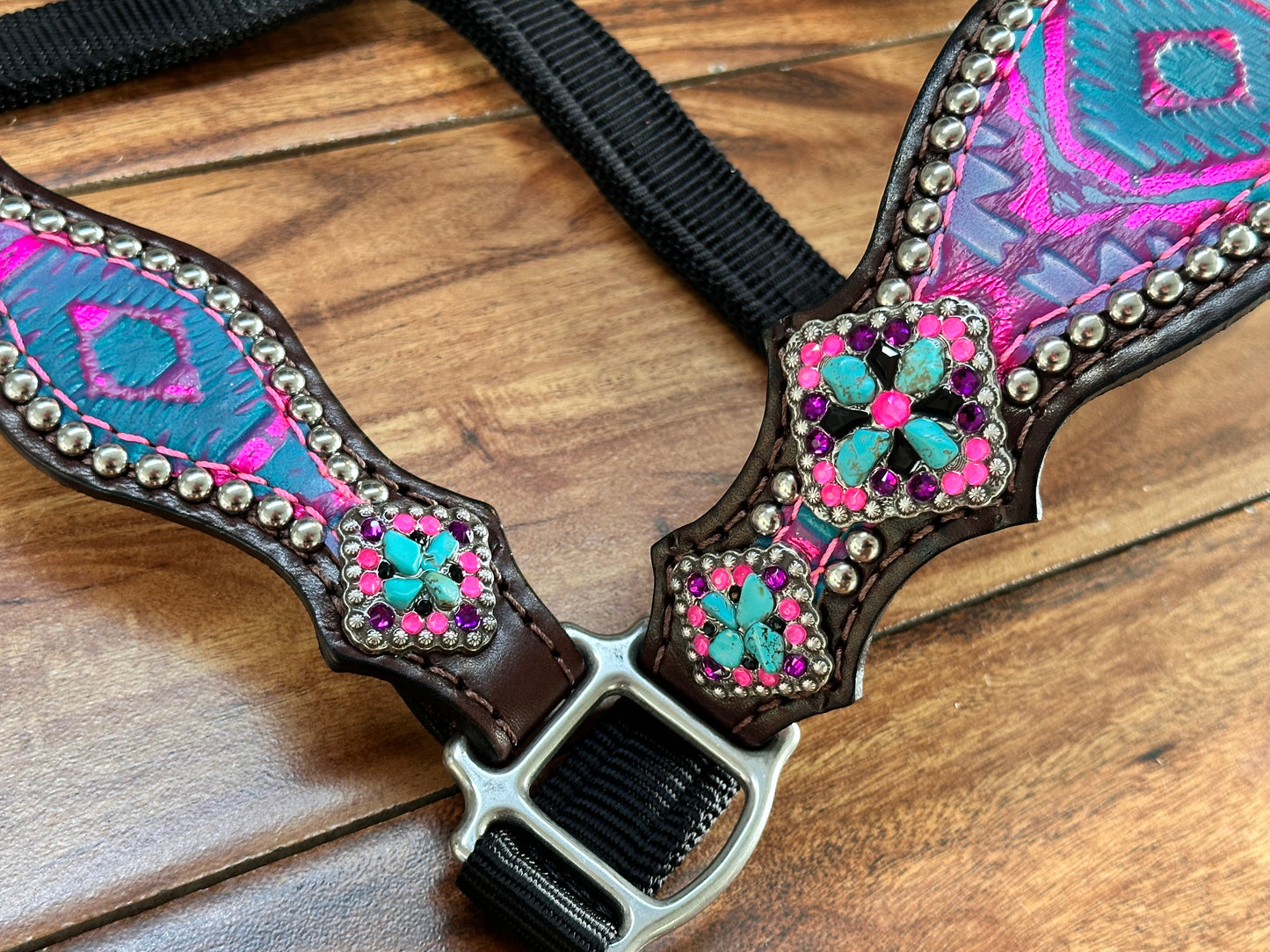 Pink Aztec with natural stones halter with cheeks