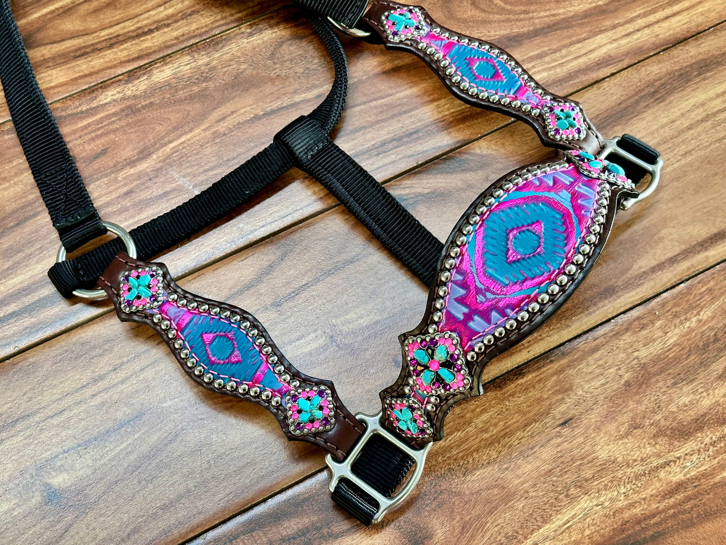 Pink Aztec with natural stones halter with cheeks