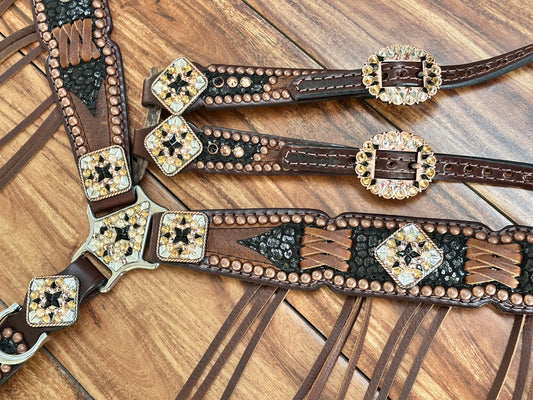 Black cheetah over brown with cross stitch fringe