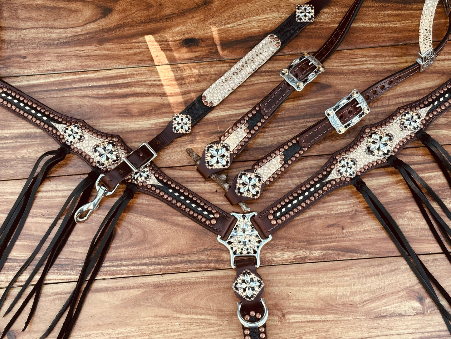 Rose gold cheetah with black elephant, rose gold buckstitch and fringe