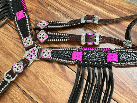 Black cheetah with pink cross stitch and flowing fringe