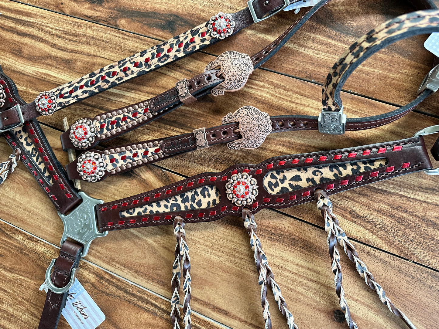 Red metallic buckstitch with cheetah and fringe