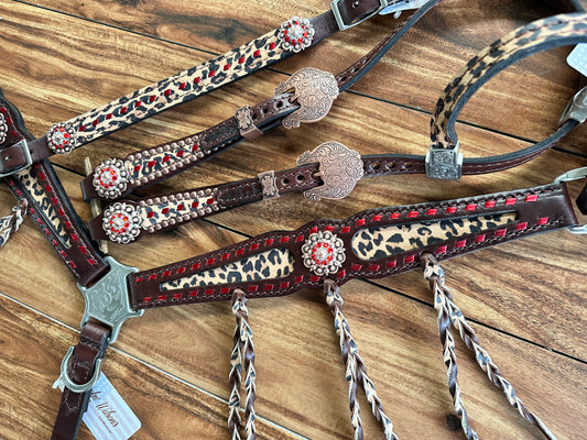 Red metallic buckstitch with cheetah and fringe