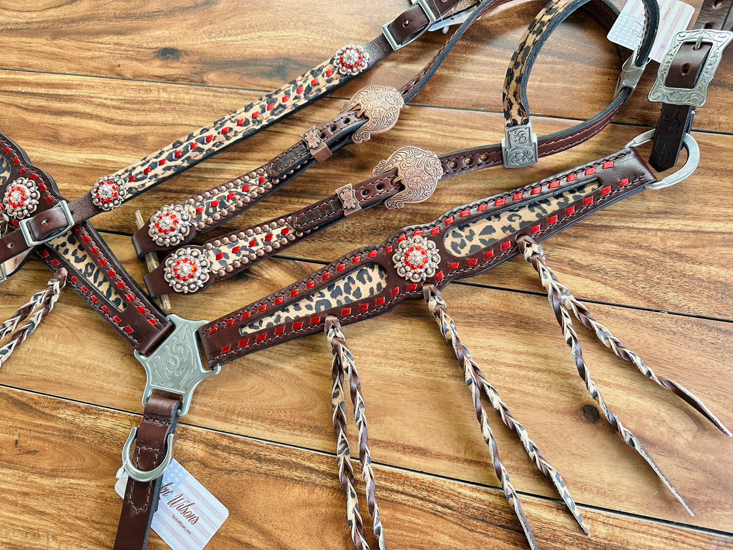 Red metallic buckstitch with cheetah and fringe