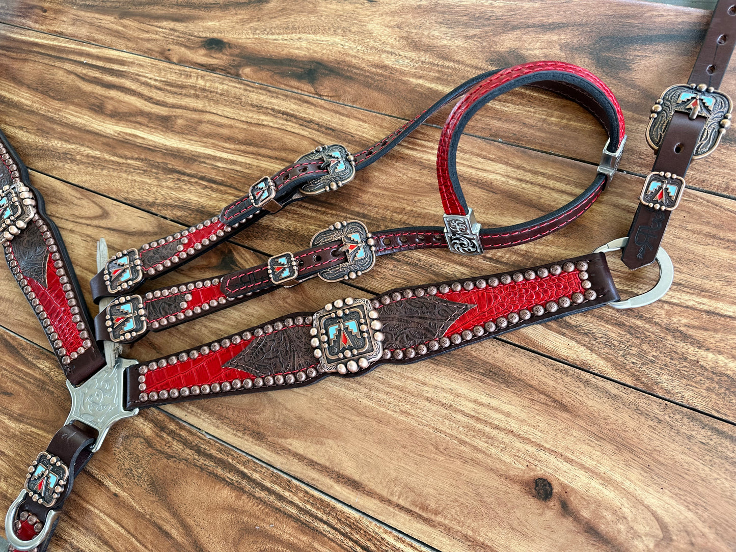 Red gator and brown tooled with thunderbirds
