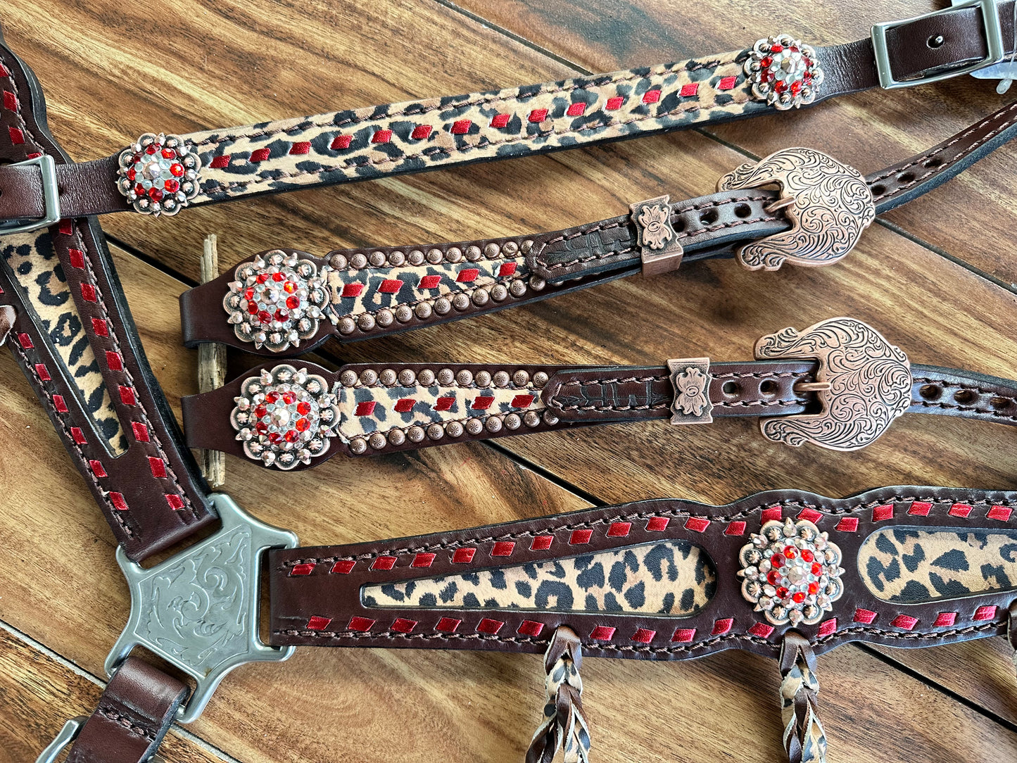 Red metallic buckstitch with cheetah and fringe
