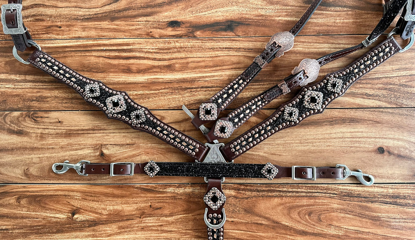 Chunky black glitter w/ rose gold buckstitch