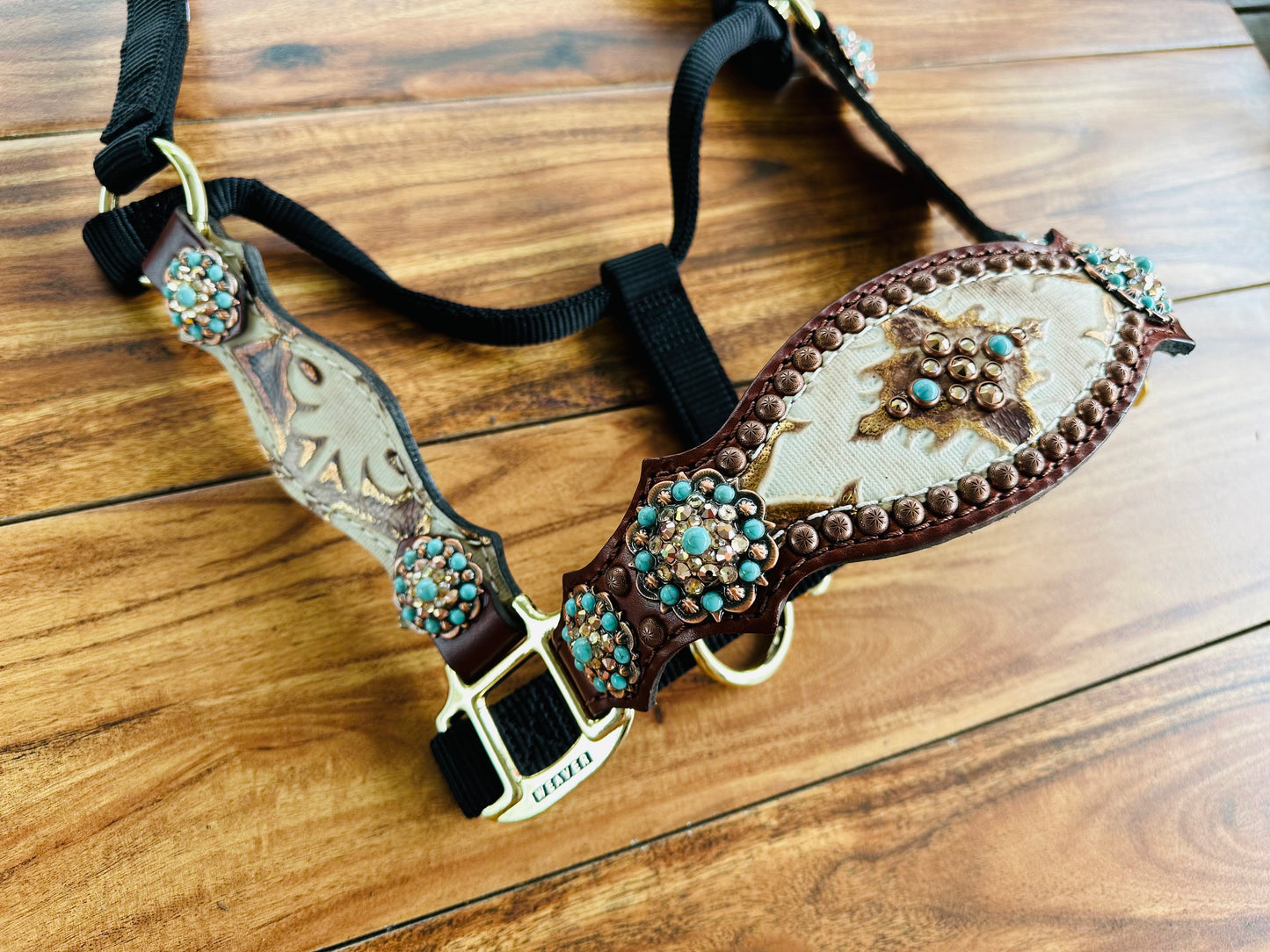 White Laredo with turquoise round conchos on dark oil