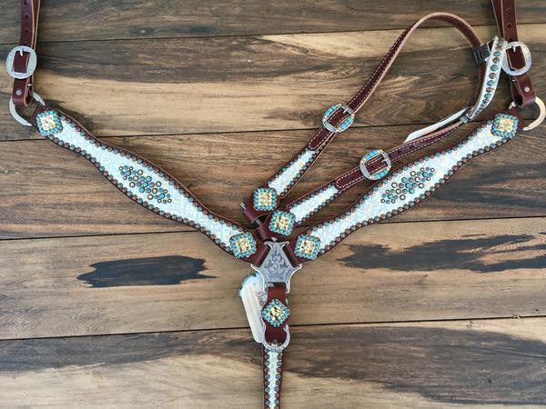 Chocolate & White Gator 3 Piece Bronc Halter — Lucky Leather Company