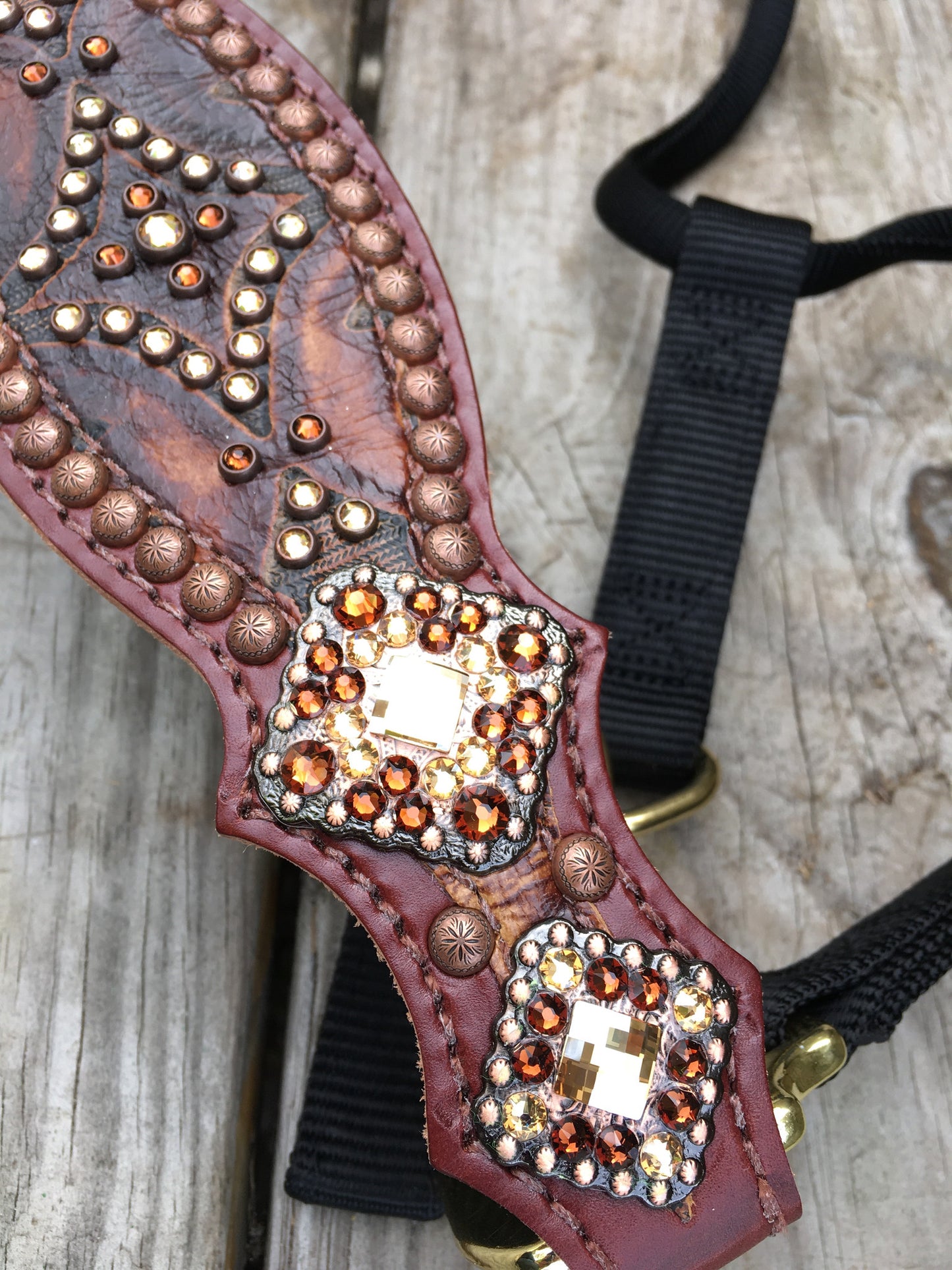 Brown Aztec Tooled Halter with Crystals