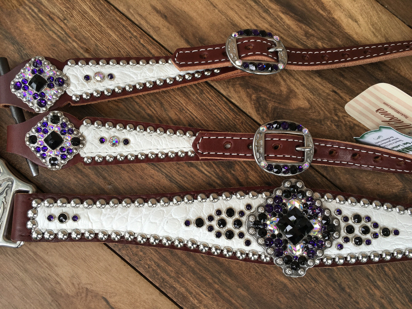 White Gator With Purple Velvet and Black Crystal Rim Sets