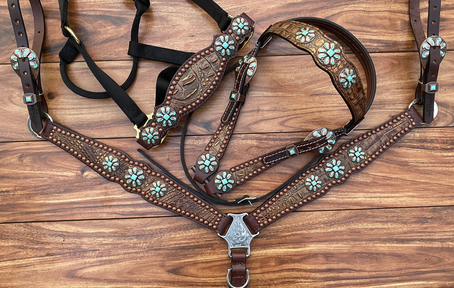 Copper frosted with turquoise floral conchos