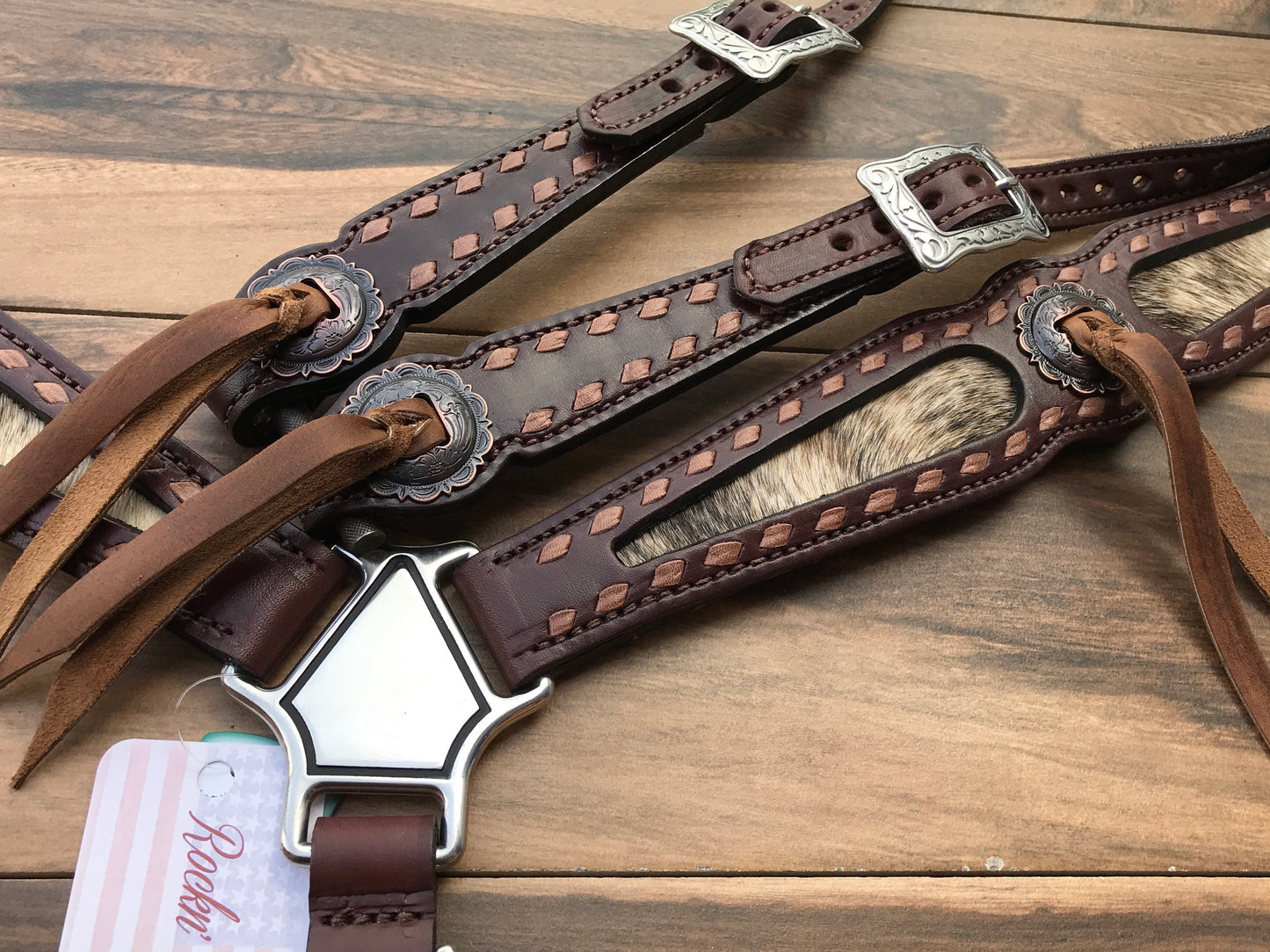 Cowhide Inlay with Kangaroo Lace Buck-stitch Solid Conchos