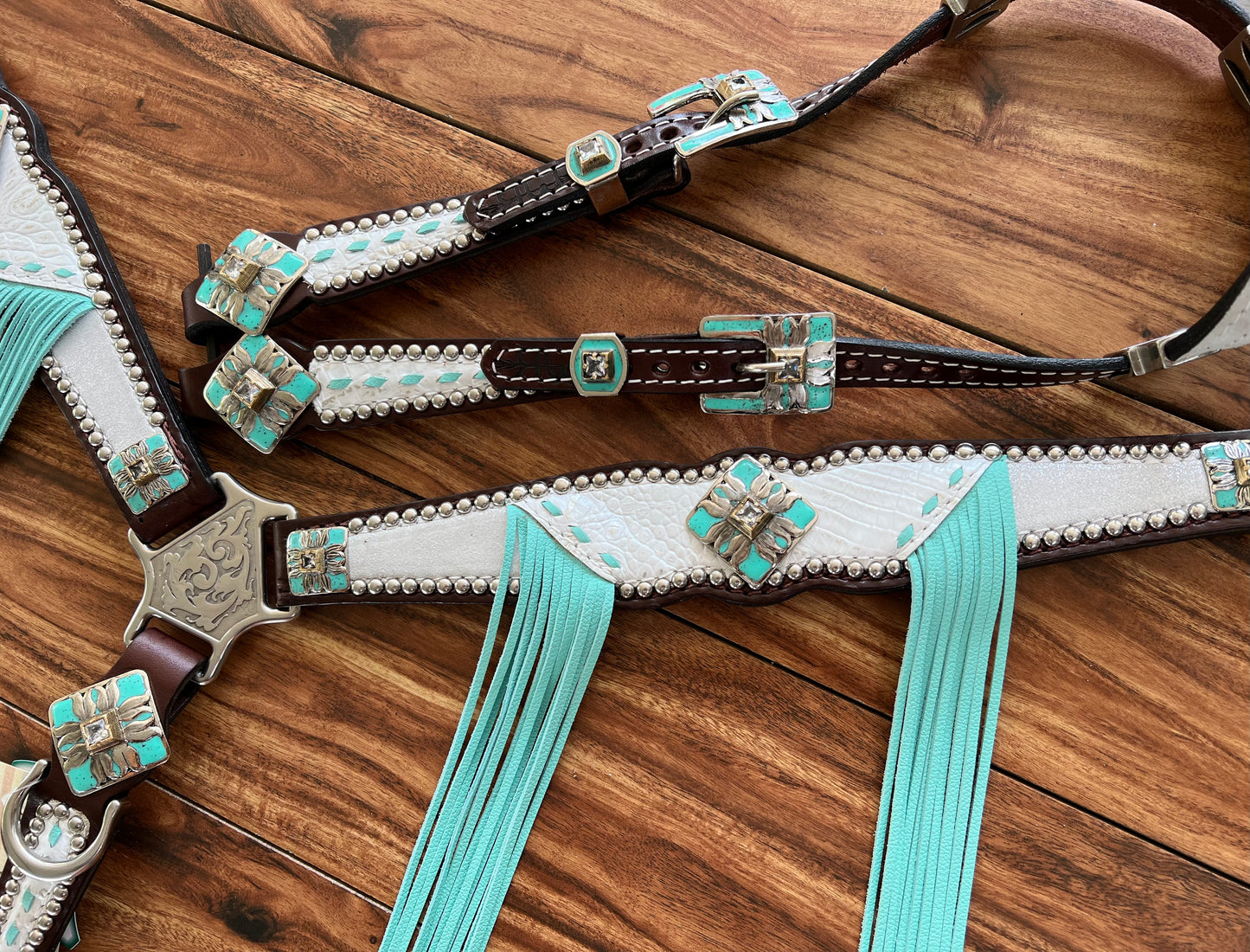 White gator & silver dazzle with turquoise fringe