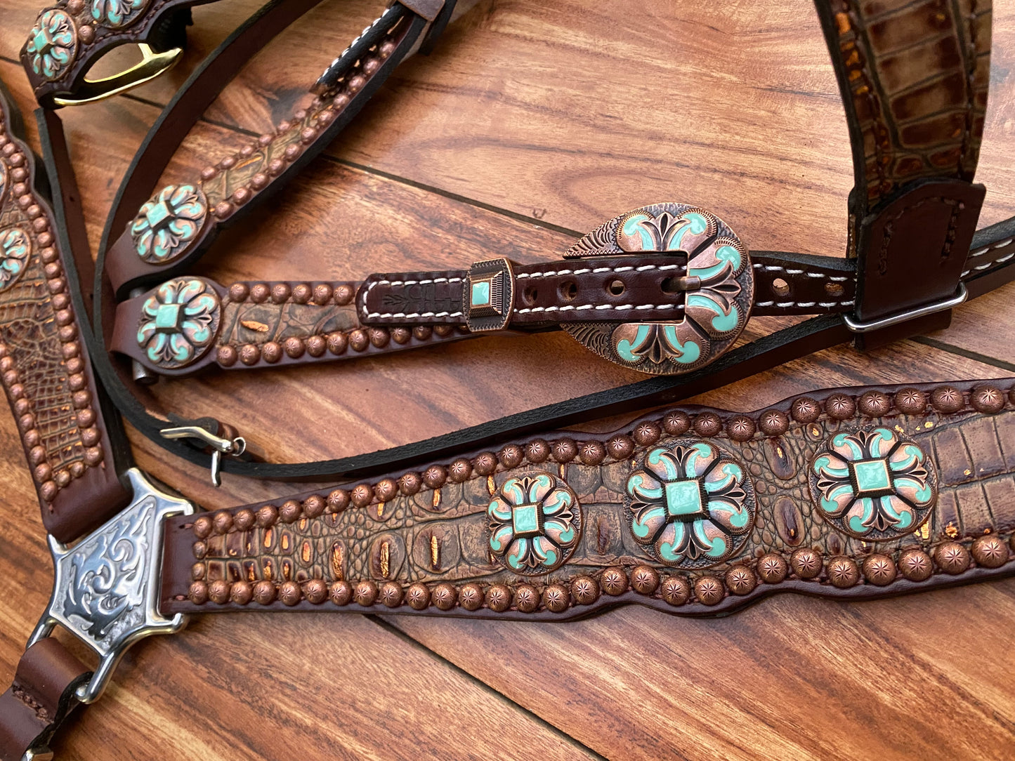 Copper frosted with turquoise floral conchos