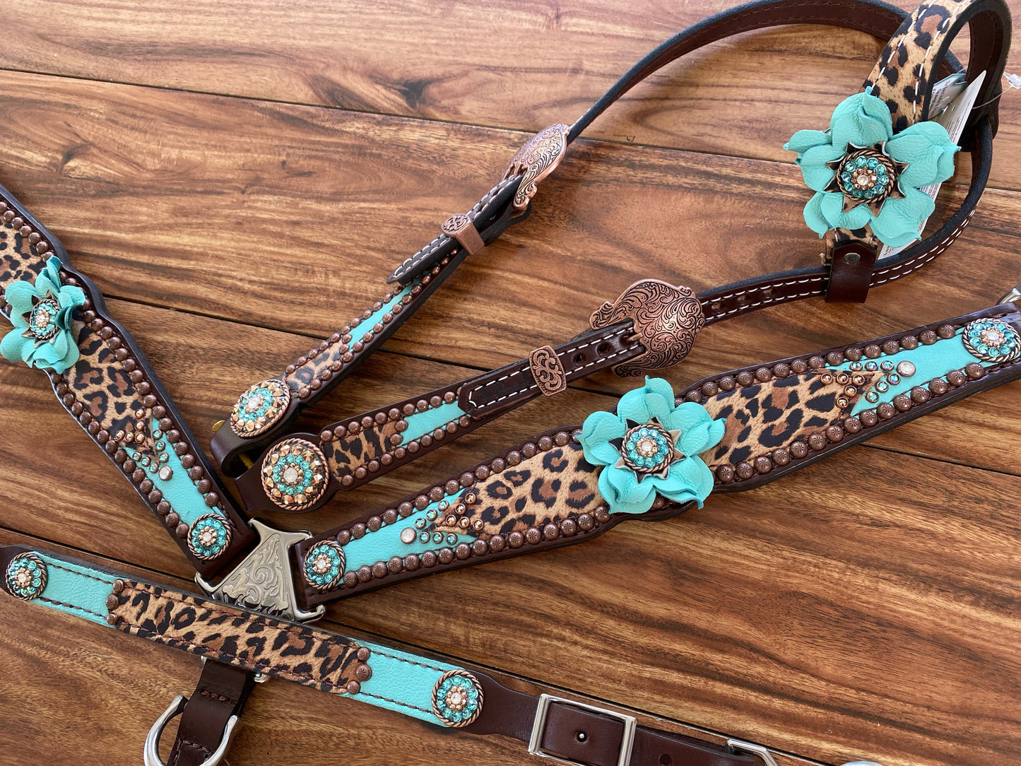 Tiffany Blue and Cheetah with Leather Flower Concho