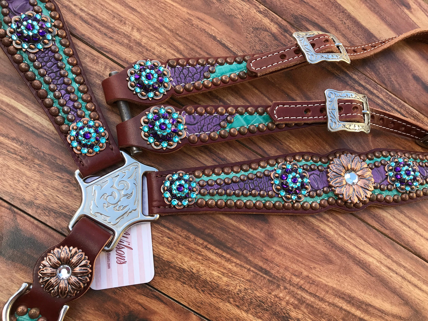 Teal and Purple Gator Overlay with Copper Daisy Conchos