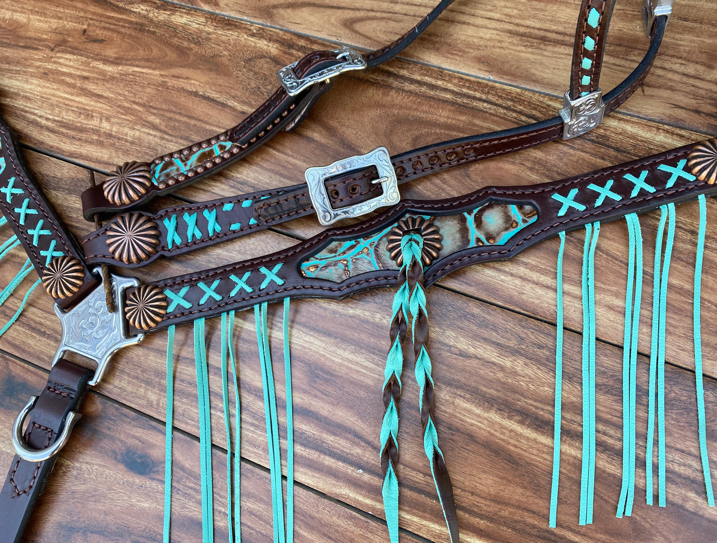 Turquoise brown gator with X buckstitch