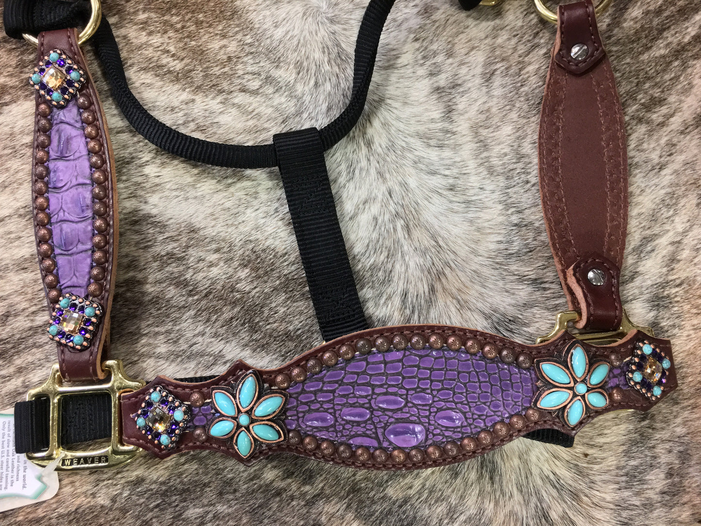 Purple gator halter with turquoise floral conchos.