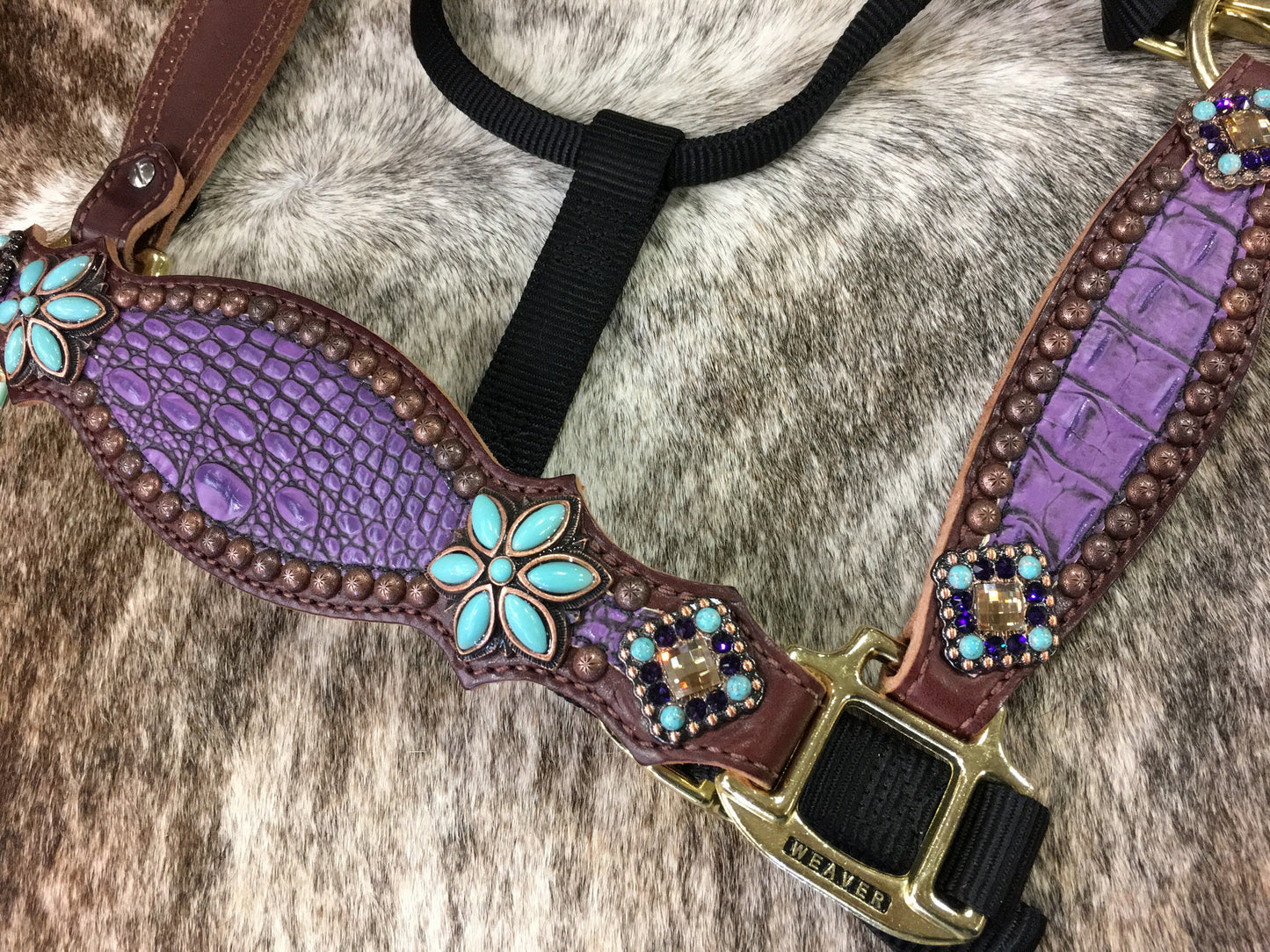 Purple gator halter with turquoise floral conchos.