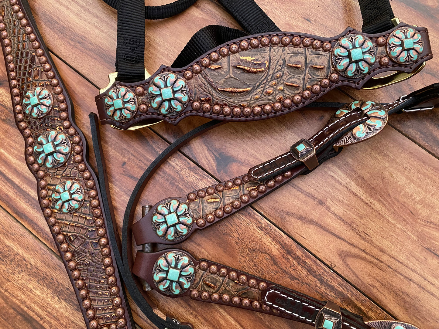 Copper frosted with turquoise floral conchos