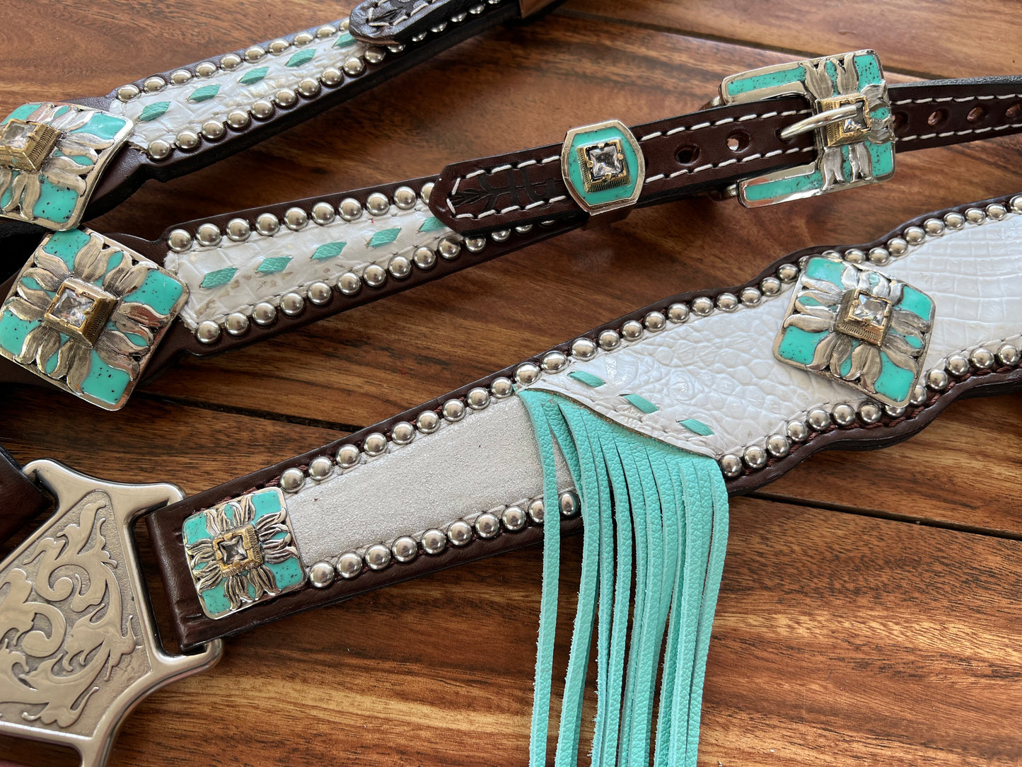 White gator & silver dazzle with turquoise fringe
