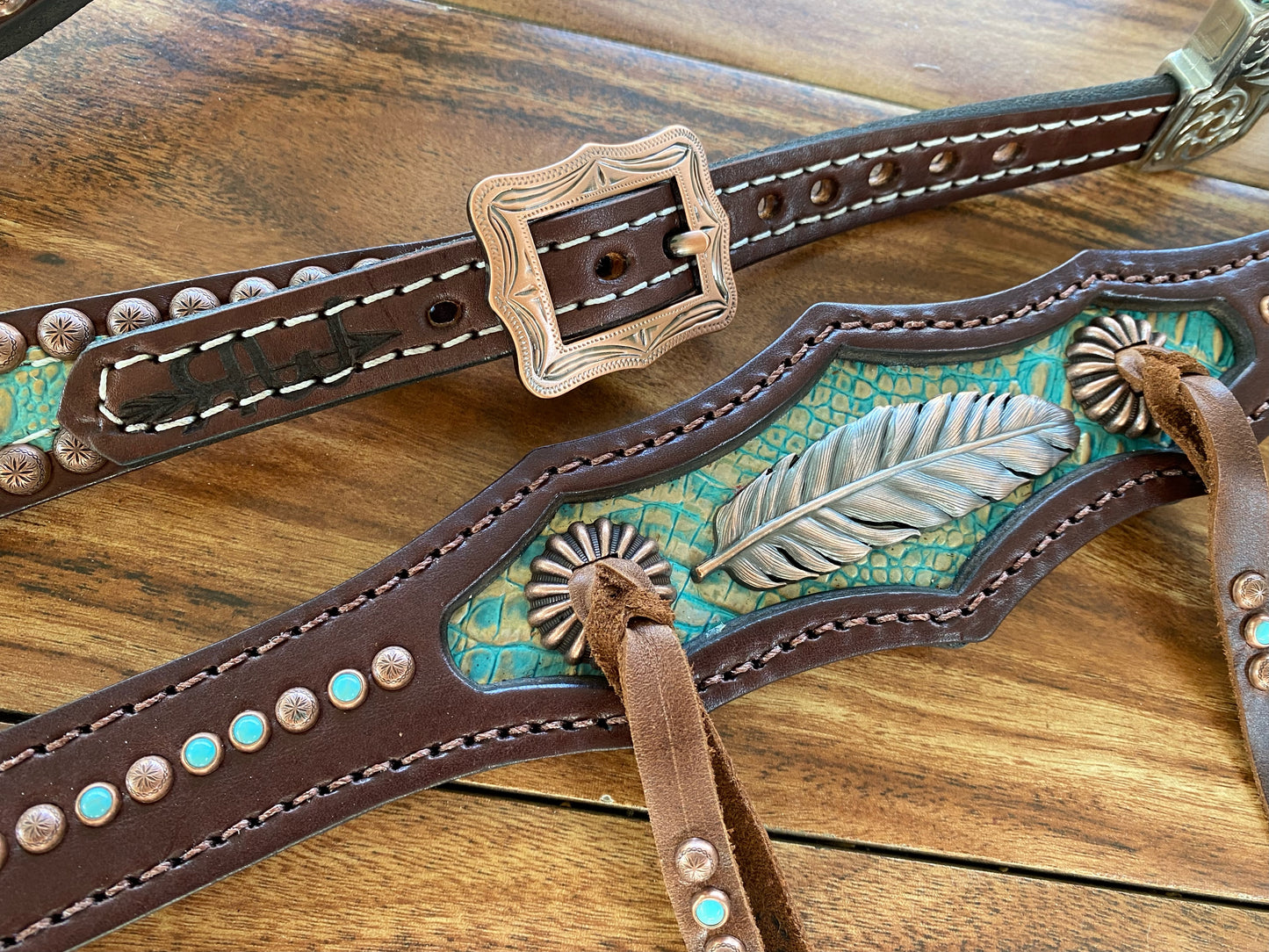 Copper frosted turquoise with feather concho