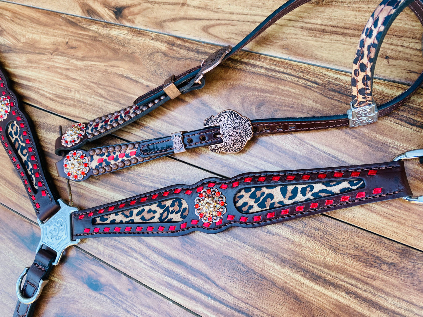 Red metallic buckstitch with cheetah
