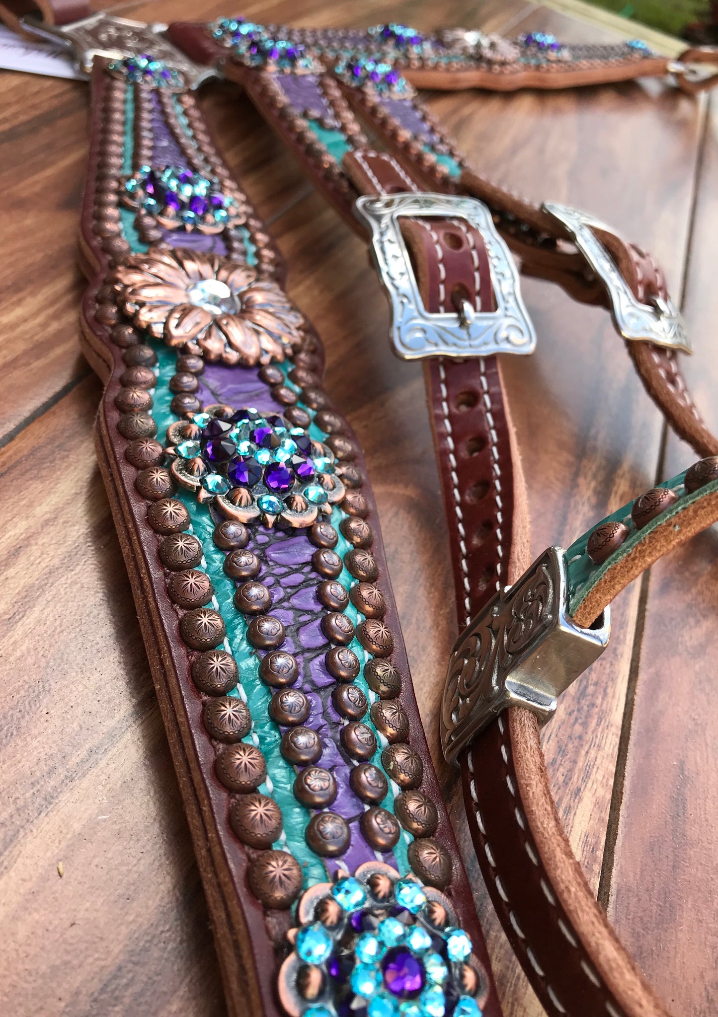 Teal and Purple Gator Overlay with Copper Daisy Conchos