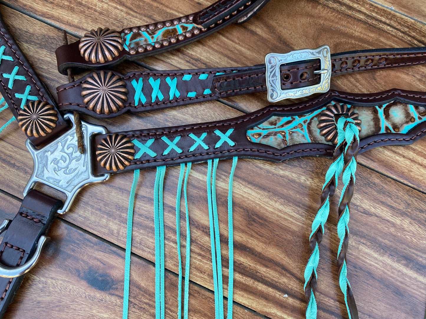 Turquoise brown gator with X buckstitch