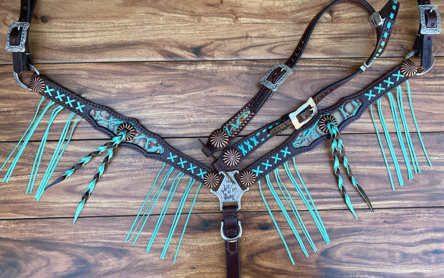 Turquoise brown gator with X buckstitch