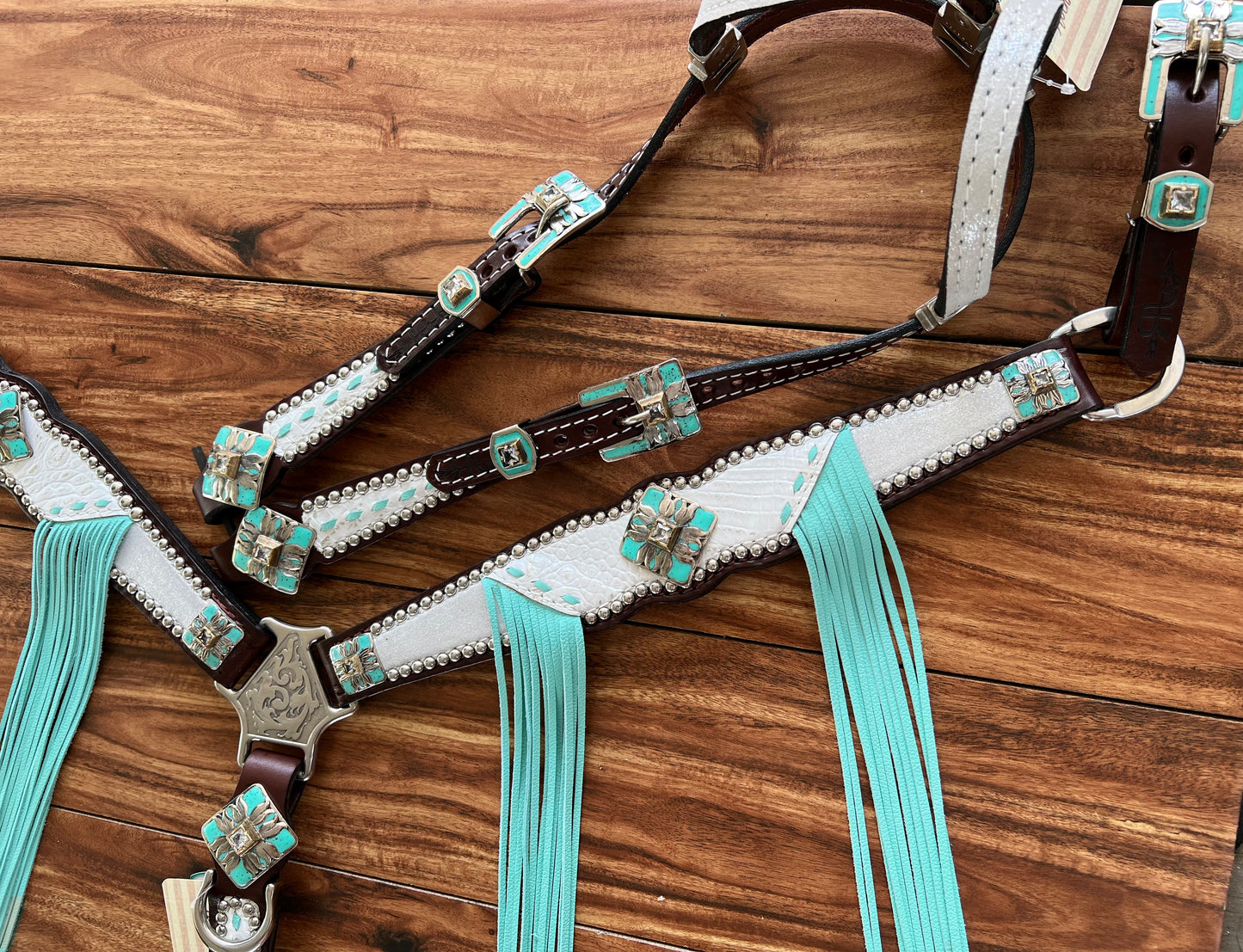 White gator & silver dazzle with turquoise fringe