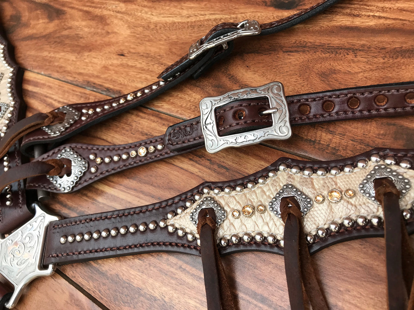 Cream Python Snake on Dark Oil Leather