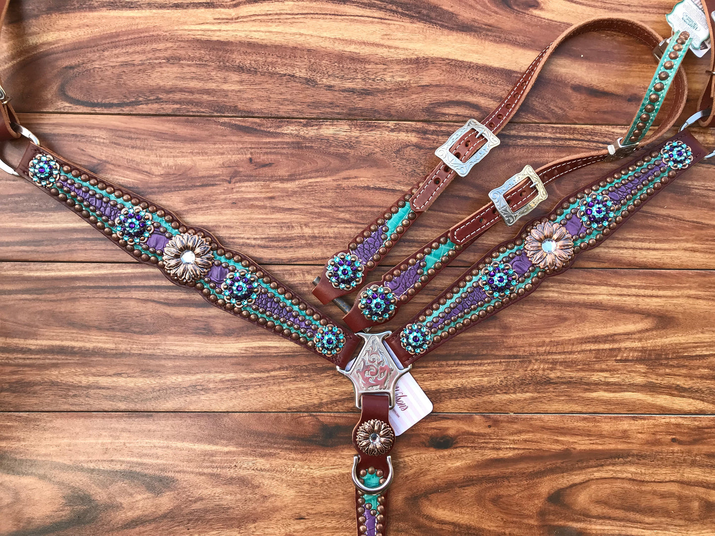 Teal and Purple Gator Overlay with Copper Daisy Conchos