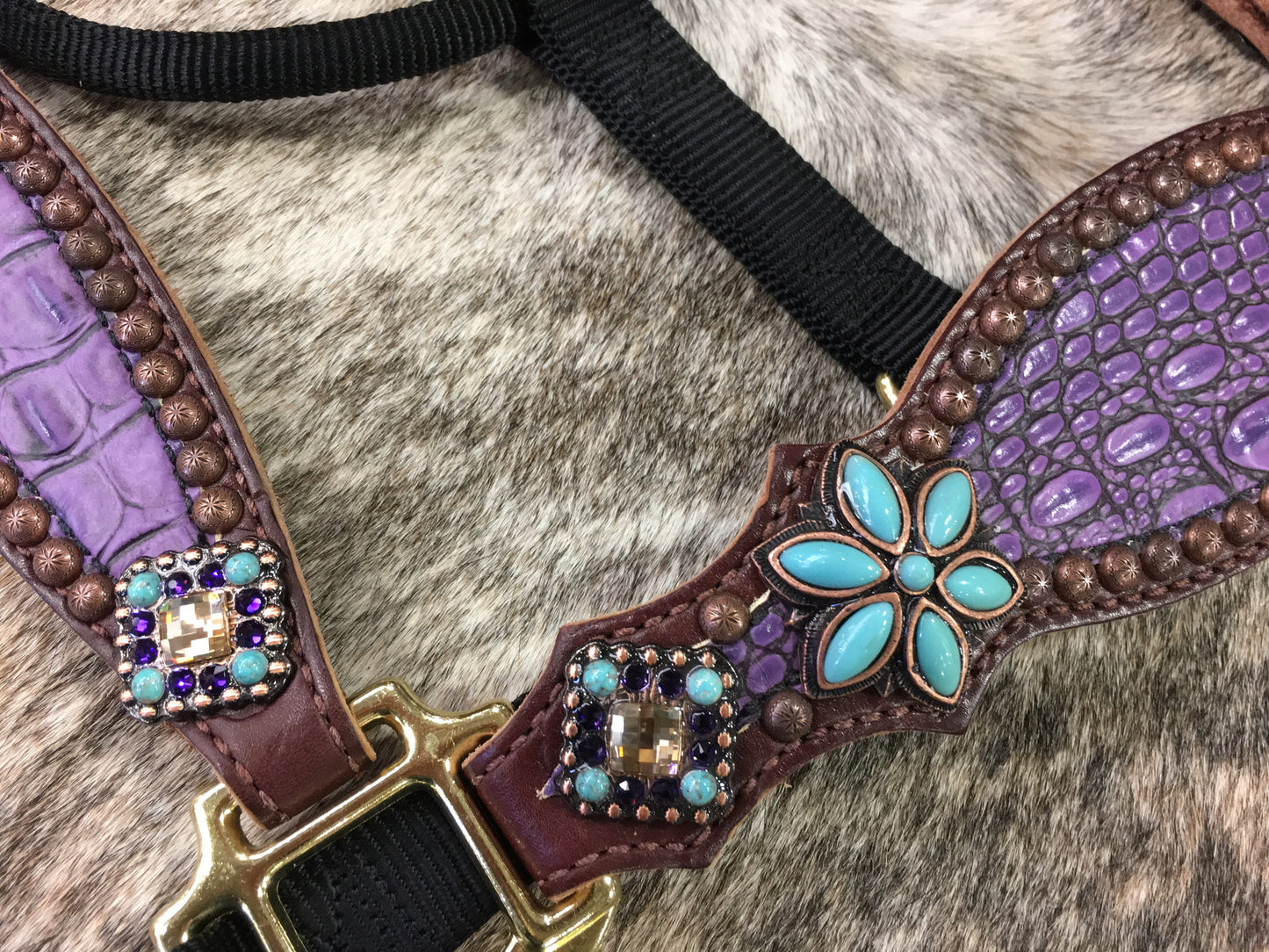 Purple gator halter with turquoise floral conchos.