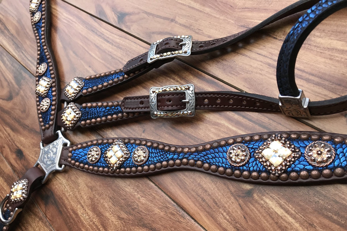 Blue Indigo Mystic Swirl with Golden Shadow Conchos