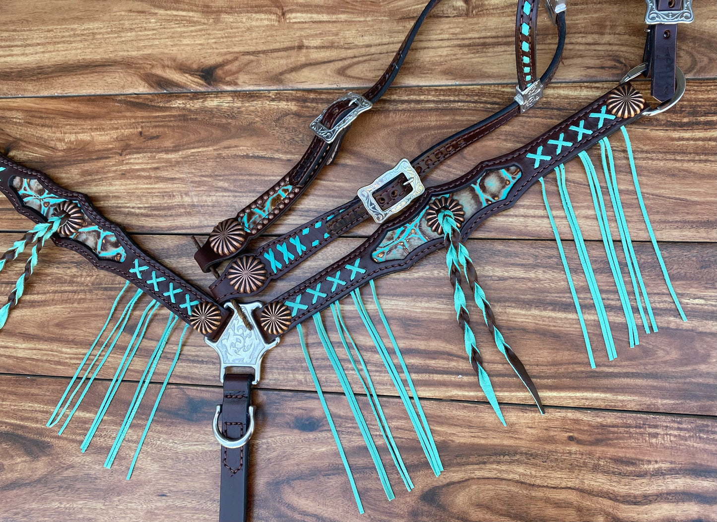 Turquoise brown gator with X buckstitch