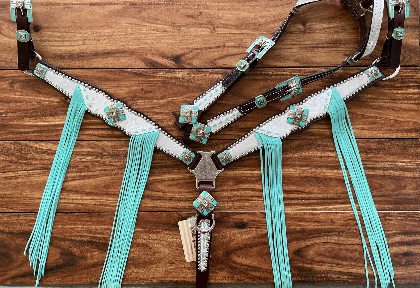 White gator & silver dazzle with turquoise fringe