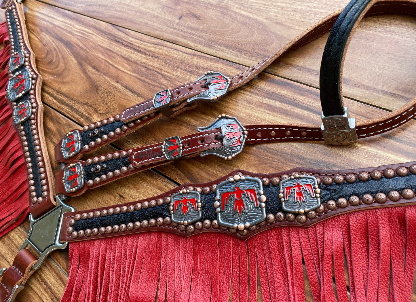 Black elephant with red thunder birds & fringe
