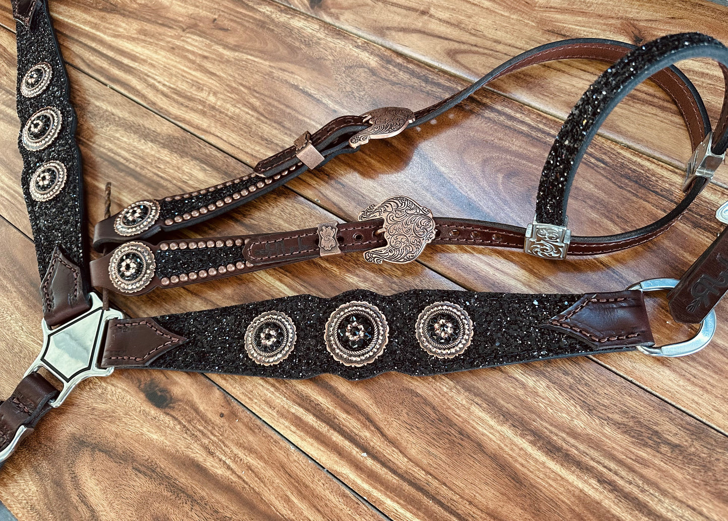 Chunky black glitter with round rope edge conchos