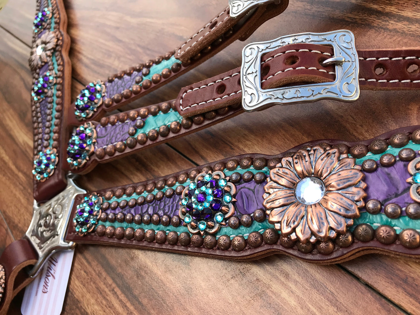 Teal and Purple Gator Overlay with Copper Daisy Conchos