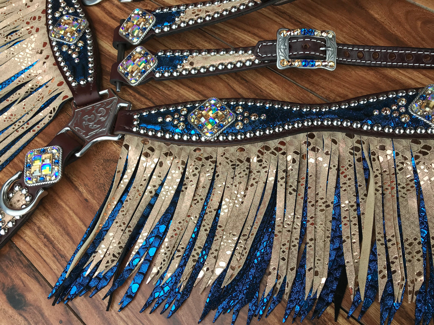 Blue mystic with mystic rose gold fringe