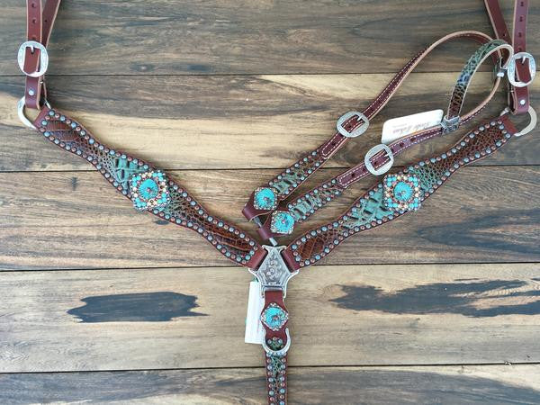 Turquoise and Brown Fade Gator with Indian Heads