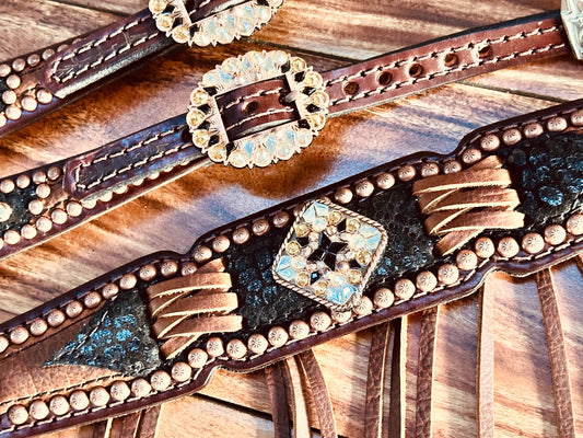 Black cheetah over brown with cross stitch fringe