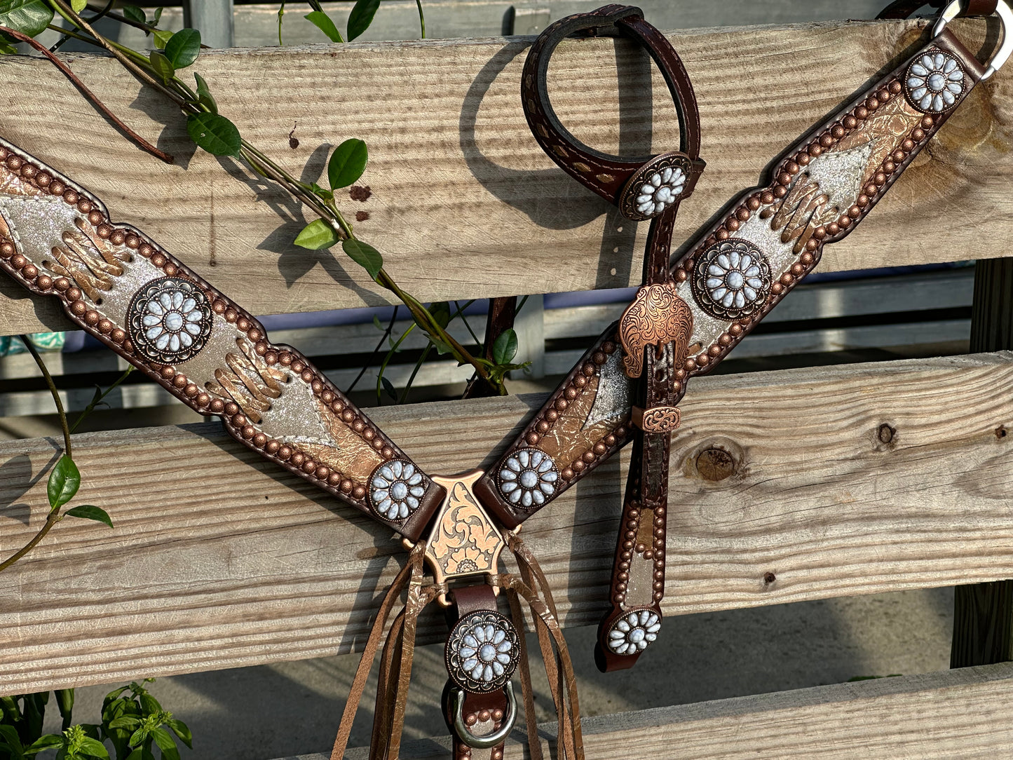 Silver dazzle with brown cross stitch and a little bit of fringe